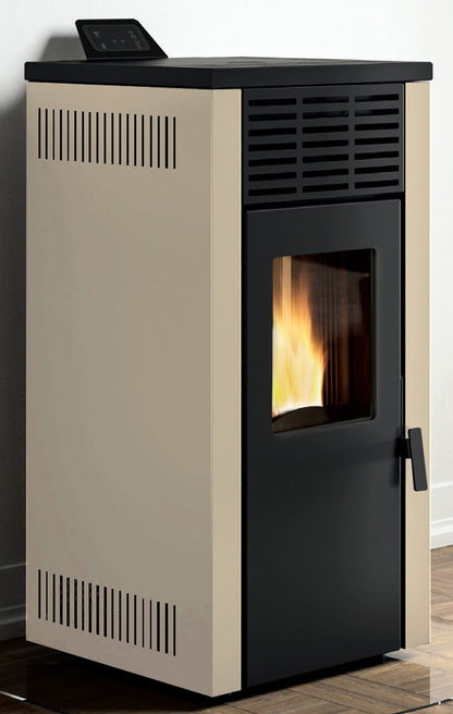 Royal Palazzetti Jada 12 Rivestimento Acciaio Colore Beige Potenza 11,8 Kw Stufa Pellet Aria Calda Ventilata Uscita Fumi Posteriore Canalizza Aria Comburente Esterno Display Comandi Sfioro Programmatore Digitale Braciere Ghisa Cassetto Cenere Estraibile