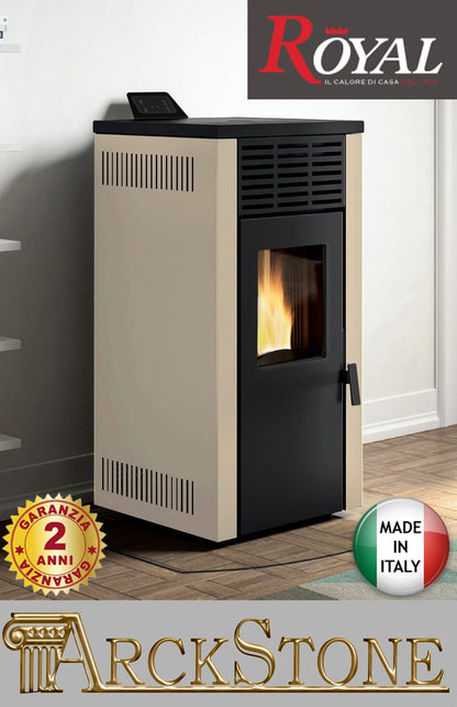 Royal Palazzetti Jada 12 Rivestimento Acciaio Colore Beige Potenza 11,8 Kw Stufa Pellet Aria Calda Ventilata Uscita Fumi Posteriore Canalizza Aria Comburente Esterno Display Comandi Sfioro Programmatore Digitale Braciere Ghisa Cassetto Cenere Estraibile