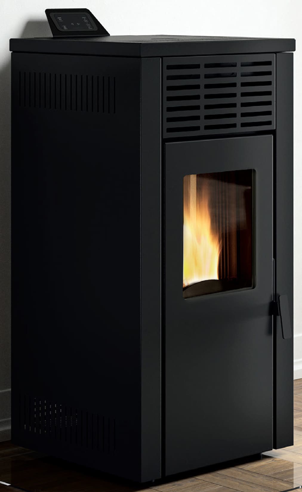 Royal Palazzetti Jada 6 Rivestimento Acciaio Colore Nero Potenza 6 Kw Stufa Pellet Aria Calda Ventilata Uscita Fumi Posteriore Canalizza Aria Comburente Esterno Display Comandi Sfioramento Programmatore Digitale Braciere Ghisa Cassetto Cenere Estraibile