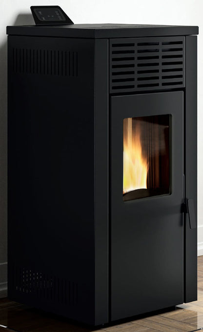 Royal Palazzetti Jada 8 Rivestimento Acciaio Colore Nero Potenza 8 Kw Stufa Pellet Aria Calda Ventilata Uscita Fumi Posteriore Canalizza Aria Comburente Esterno Display Comandi Sfioramento Programmatore Digitale Braciere Ghisa Cassetto Cenere Estraibile