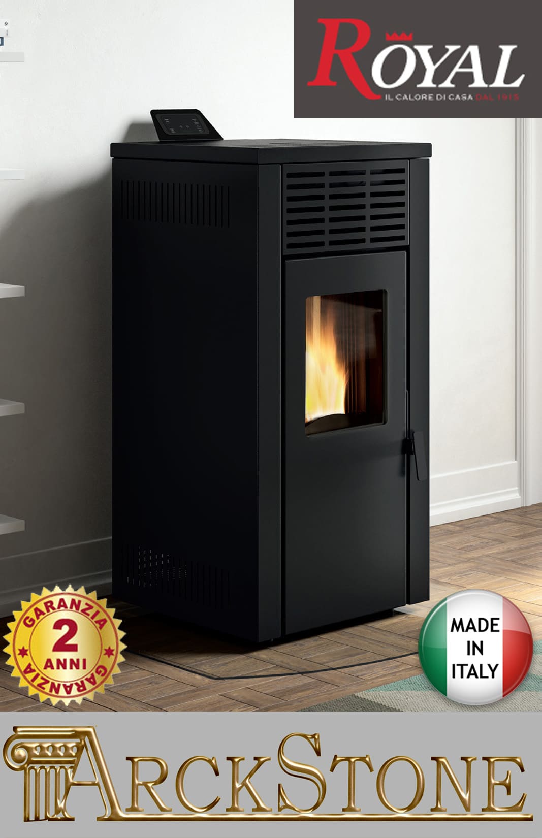 Royal Palazzetti Jada 12 Rivestimento Acciaio Colore Nero Potenza 11,8 Kw Stufa Pellet Aria Calda Ventilata Uscita Fumi Posteriore Canalizza Aria Comburente Esterno Display Comandi Sfioro Programmatore Digitale Braciere Ghisa Cassetto Cenere Estraibile