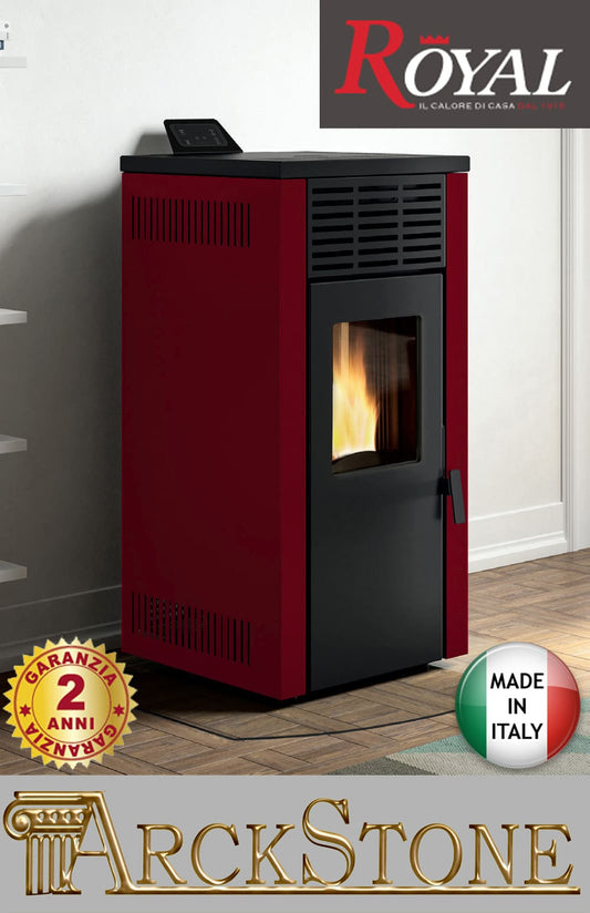 Royal Palazzetti Jada 8 Rivestimento Acciaio Colore Rosso Potenza 8 Kw Stufa Pellet Aria Calda Ventilata Uscita Fumi Posteriore Canalizza Aria Comburente Esterno Display Comandi Sfioramento Programmatore Digitale Braciere Ghisa Cassetto Cenere Estraibile