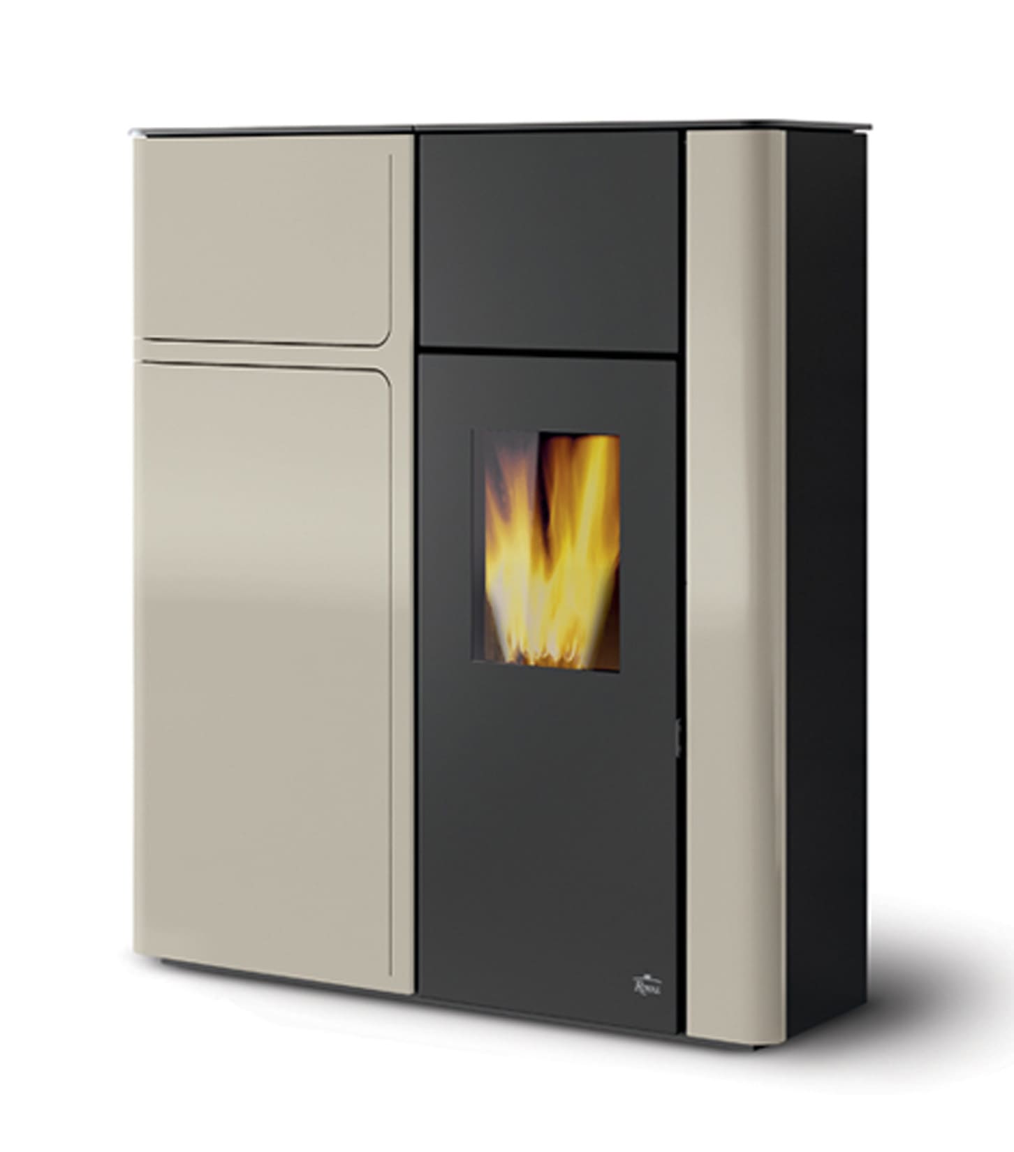 Royal Palazzetti Karyn 90 Rivestimento Acciaio Bianco Top Ghisa Potenza 9 Kw Stufa Pellet ad Aria Calda Ventilata Canalizzata Slim Uscita Fumi Posteriore Superiore Display Comandi Sfioramento Focolare Ampio Cassetto 