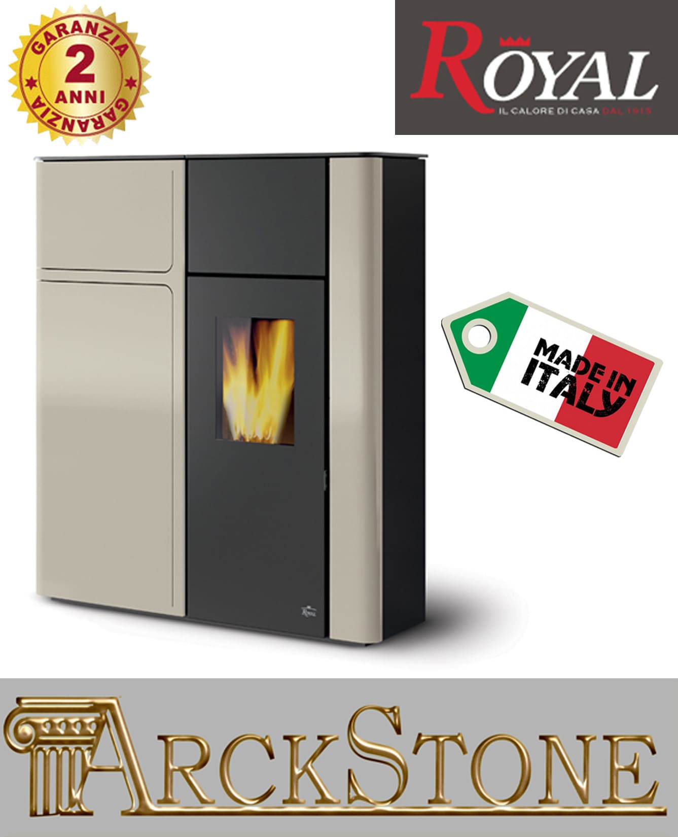 Royal Palazzetti Karyn 90 Rivestimento Acciaio Bianco Top Ghisa Potenza 9 Kw Stufa Pellet ad Aria Calda Ventilata Canalizzata Slim Uscita Fumi Posteriore Superiore Display Comandi Sfioramento Focolare Ampio Cassetto 