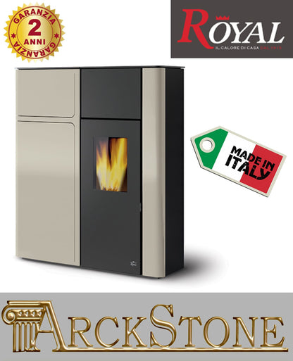 Royal Palazzetti Karyn 90 Rivestimento Acciaio Bianco Top Ghisa Potenza 9 Kw Stufa Pellet ad Aria Calda Ventilata Canalizzata Slim Uscita Fumi Posteriore Superiore Display Comandi Sfioramento Focolare Ampio Cassetto 