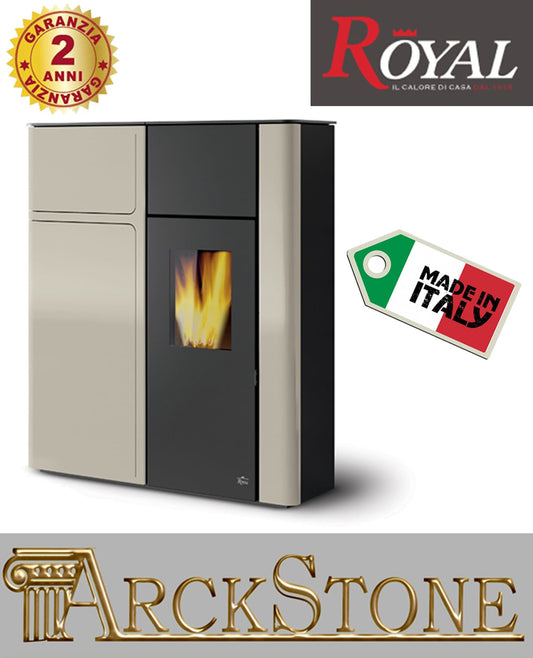 Royal Palazzetti Karyn 90 Rivestimento Acciaio Bianco Top Ghisa Potenza 9 Kw Stufa Pellet ad Aria Calda Ventilata Canalizzata Slim Uscita Fumi Posteriore Superiore Display Comandi Sfioramento Focolare Ampio Cassetto 