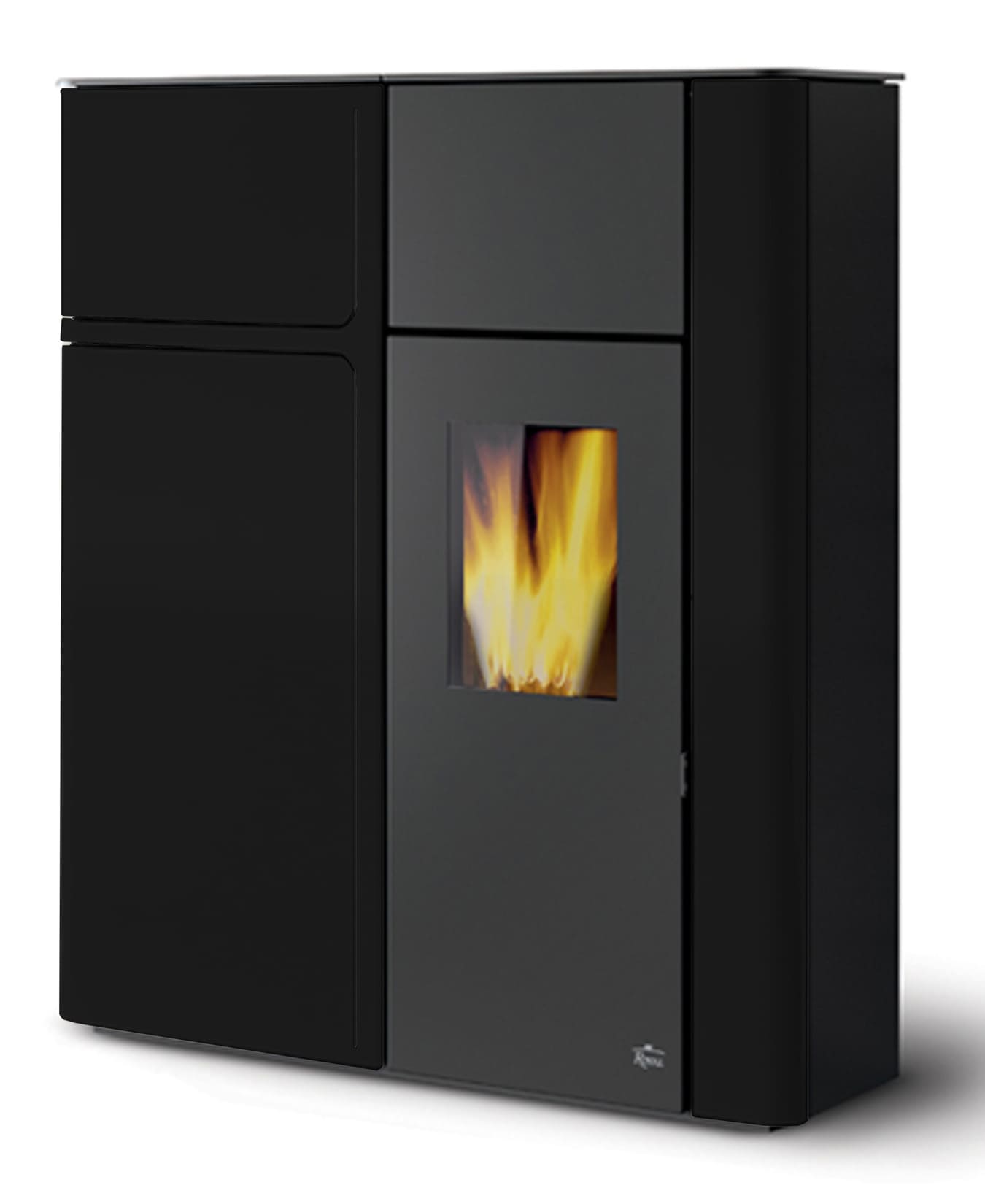 Royal Palazzetti Karyn 90 Rivestimento Acciaio Nero Top Ghisa Potenza 9 Kw Stufa Pellet ad Aria Calda Ventilata Canalizzata Slim Uscita Fumi Posteriore Superiore Display Comandi Sfioramento Focolare Ampio Cassetto 