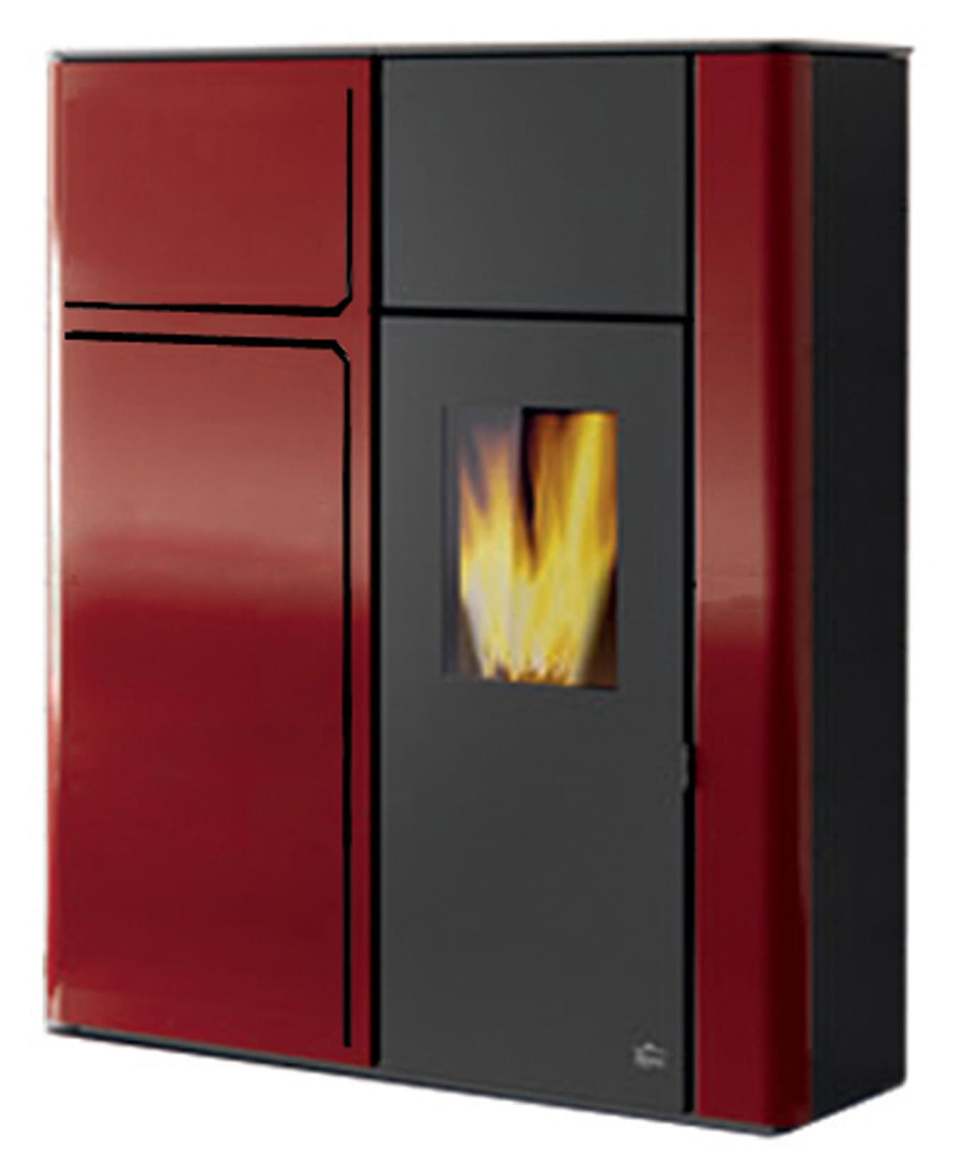 Royal Palazzetti Karyn 90 Rivestimento Acciaio Rosso Top Ghisa Potenza 9 Kw Stufa Pellet ad Aria Calda Ventilata Canalizzata Slim Uscita Fumi Posteriore Superiore Display Comandi Sfioramento Focolare Ampio Cassetto 