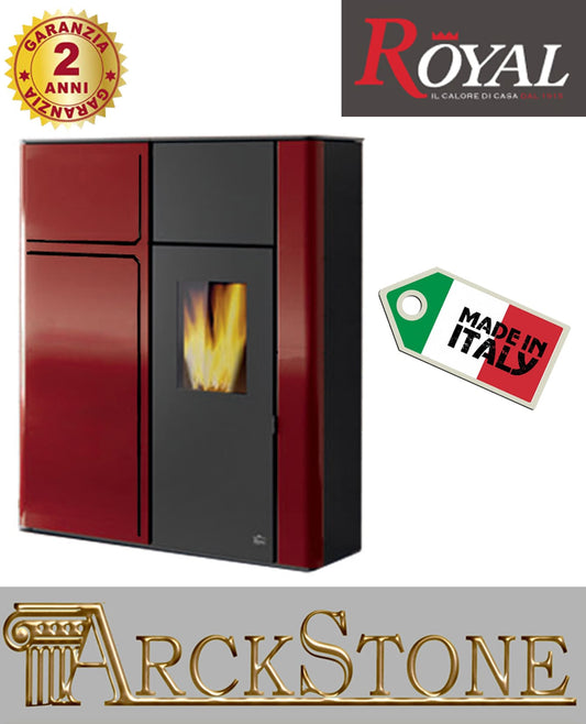 Royal Palazzetti Karyn 90 Rivestimento Acciaio Rosso Top Ghisa Potenza 9 Kw Stufa Pellet ad Aria Calda Ventilata Canalizzata Slim Uscita Fumi Posteriore Superiore Display Comandi Sfioramento Focolare Ampio Cassetto 
