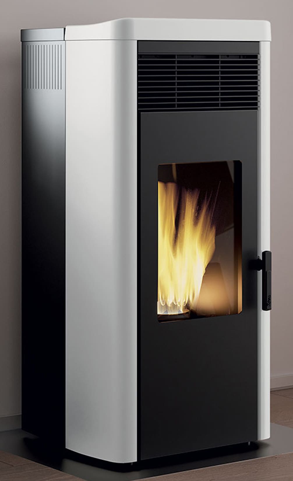 Royal Palazzetti Lea Air 120 Rivestimento Acciaio Top Ceramica Colore Bianco Potenza 11,8 Kw Stufa Pellet Aria Ventilata Canalizzabile Uscita Fumi Posteriore Canalizzazione Aria Comburente Esterno Display Sfioro Programma Orario Cassetto Braciere Ghisa