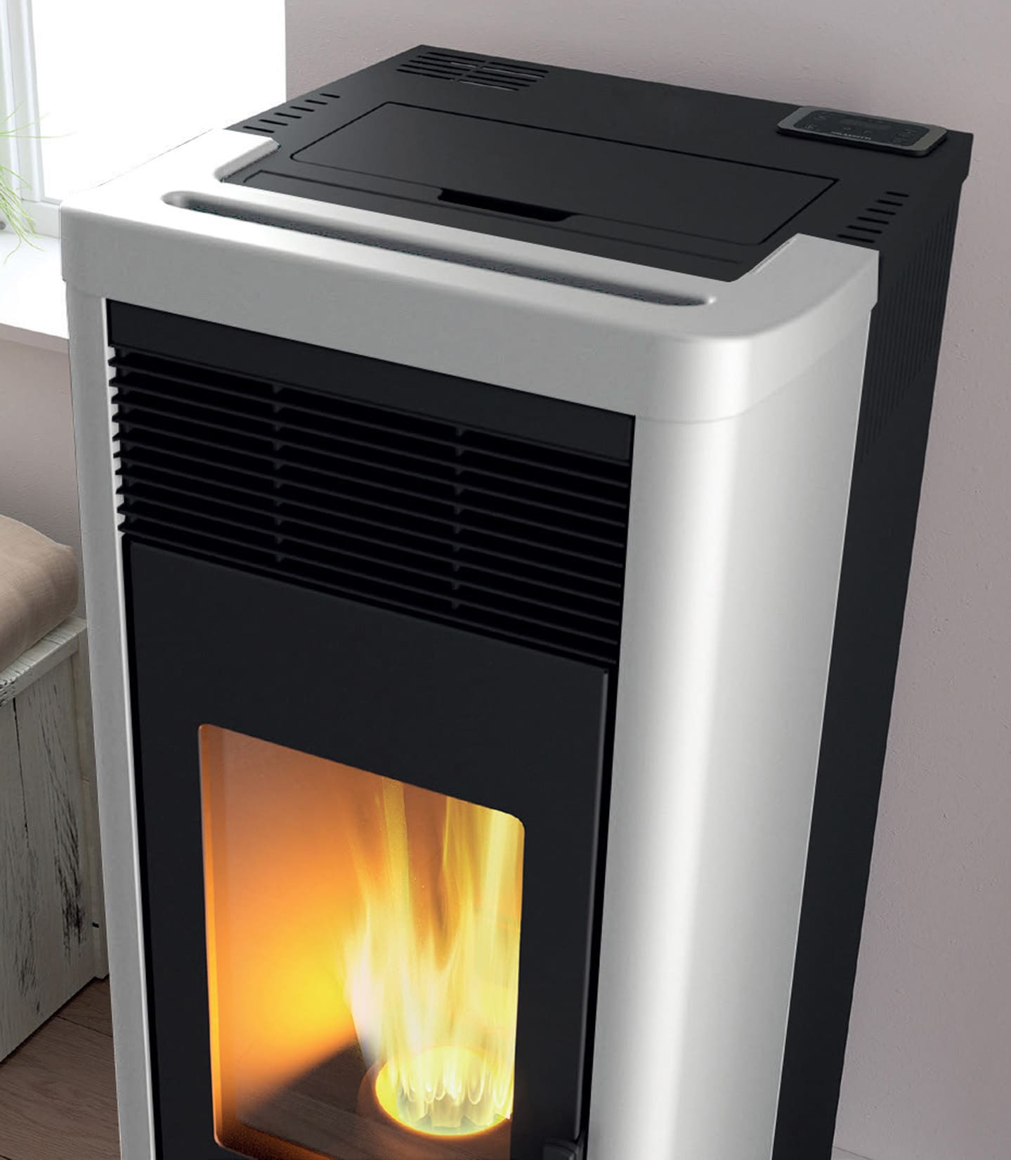 Royal Palazzetti Lea Air 120 Rivestimento Acciaio Top Ceramica Colore Bianco Potenza 11,8 Kw Stufa Pellet Aria Ventilata Canalizzabile Uscita Fumi Posteriore Canalizzazione Aria Comburente Esterno Display Sfioro Programma Orario Cassetto Braciere Ghisa