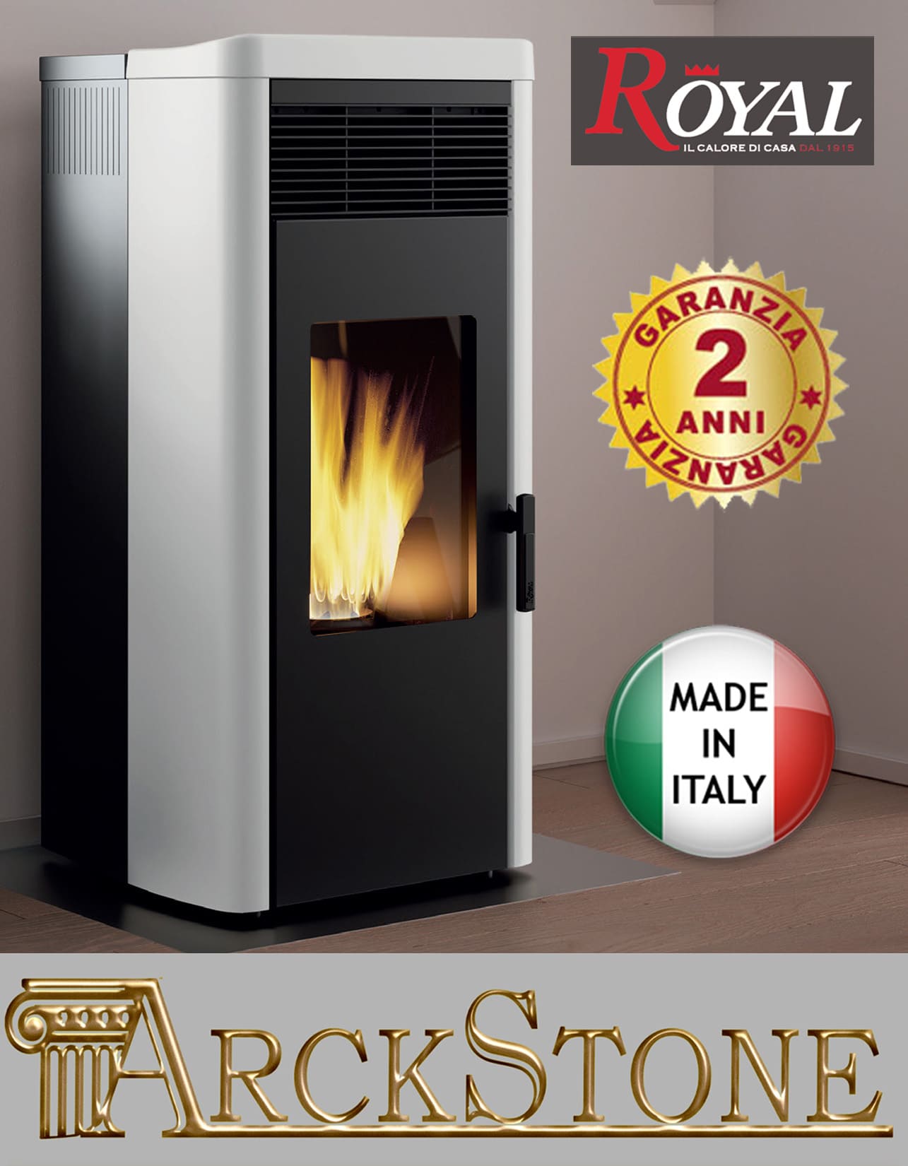Royal Palazzetti Lea Air 90 Rivestimento Acciaio Top Ceramica Colore Bianco Potenza 9 Kw Stufa Pellet Aria Ventilata Canalizzabile Uscita Fumi Posteriore Canalizzazione Aria Comburente Esterno Display Sfioro Programma Fasce Orarie Cassetto Braciere Ghisa