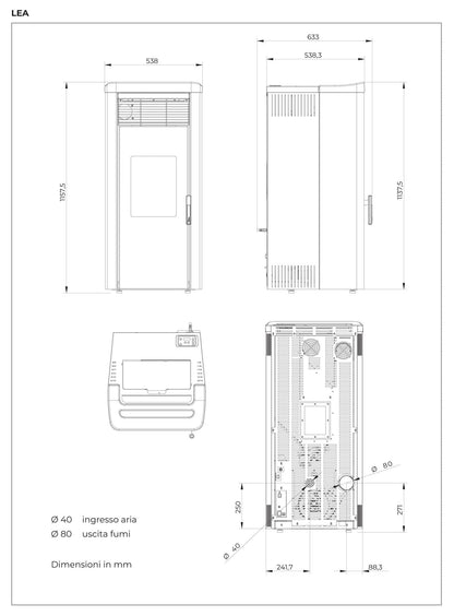 Royal Palazzetti Lea Air 90 Rivestimento Acciaio Top Ceramica Colore Nero Potenza 9 Kw Stufa Pellet Aria Ventilata Canalizzabile Uscita Fumi Posteriore Canalizzazione Aria Comburente Esterno Display Sfioro Programma Fasce Orarie Cassetto Braciere Ghisa