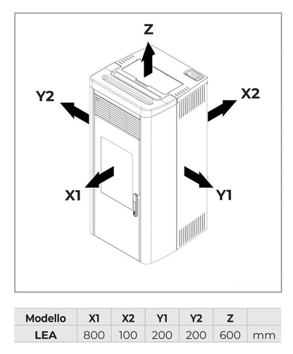 Royal Palazzetti Lea Air 120 Rivestimento Acciaio Top Ceramica Colore Nero Potenza 11,8 Kw Stufa Pellet Aria Ventilata Canalizzabile Uscita Fumi Posteriore Canalizzazione Aria Comburente Esterno Display Sfioro Programma Orario Cassetto Braciere Ghisa