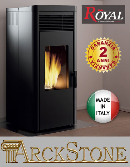 Royal Palazzetti Lea Air 90 Rivestimento Acciaio Top Ceramica Colore Nero Potenza 9 Kw Stufa Pellet Aria Ventilata Canalizzabile Uscita Fumi Posteriore Canalizzazione Aria Comburente Esterno Display Sfioro Programma Fasce Orarie Cassetto Braciere Ghisa
