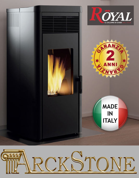 Royal Palazzetti Lea Air 120 Rivestimento Acciaio Top Ceramica Colore Nero Potenza 11,8 Kw Stufa Pellet Aria Ventilata Canalizzabile Uscita Fumi Posteriore Canalizzazione Aria Comburente Esterno Display Sfioro Programma Orario Cassetto Braciere Ghisa