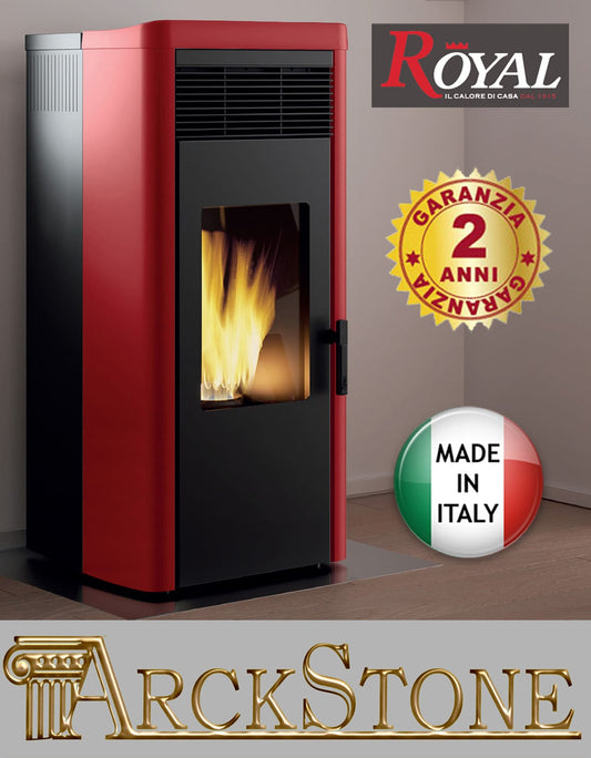 Royal Palazzetti Lea Air 120 Rivestimento Acciaio Top Ceramica Colore Rosso Bordeaux Potenza 11,8 Kw Stufa Pellet Aria Ventilata Canalizzabile Uscita Fumi Posteriore Canalizzazione Aria Comburente Esterno Display Sfioro Programma Orario Cassetto Braciere