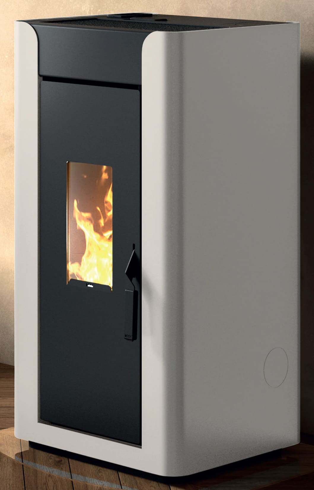 Royal Palazzetti Alida Air 120 Stufa Pellet Aria Ventilata Canalizzata Potenza 11,9 Kw Rivestimento Acciaio Colore Bianco Uscita Fumi Posteriore Maniglia Antiscottatura Canalizza Aria Comburente Esterno Display Sfioro Programma Orario Cassetto Braciere