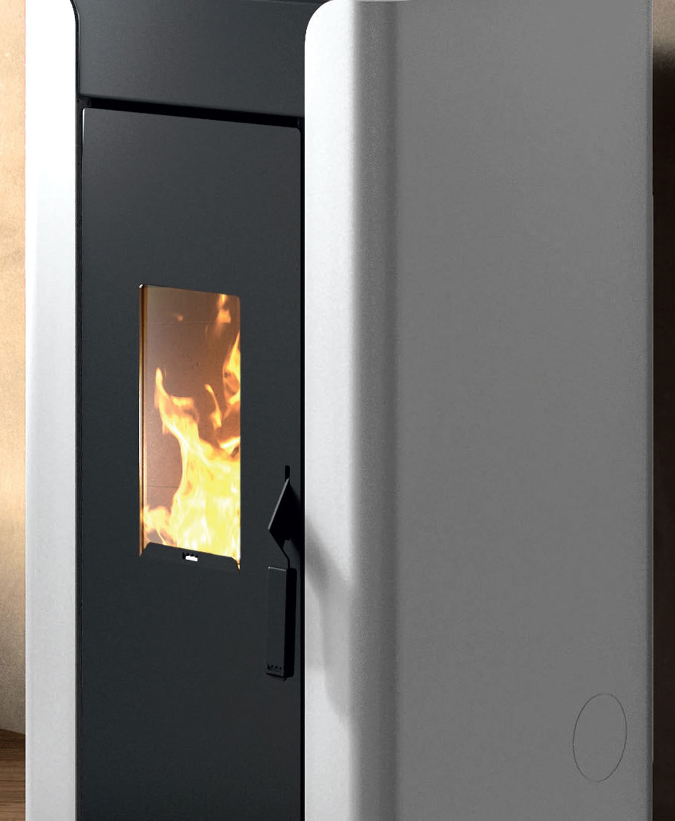 Royal Palazzetti Alida Air 120 Stufa Pellet Aria Ventilata Canalizzata Potenza 11,9 Kw Rivestimento Acciaio Colore Bianco Uscita Fumi Posteriore Maniglia Antiscottatura Canalizza Aria Comburente Esterno Display Sfioro Programma Orario Cassetto Braciere