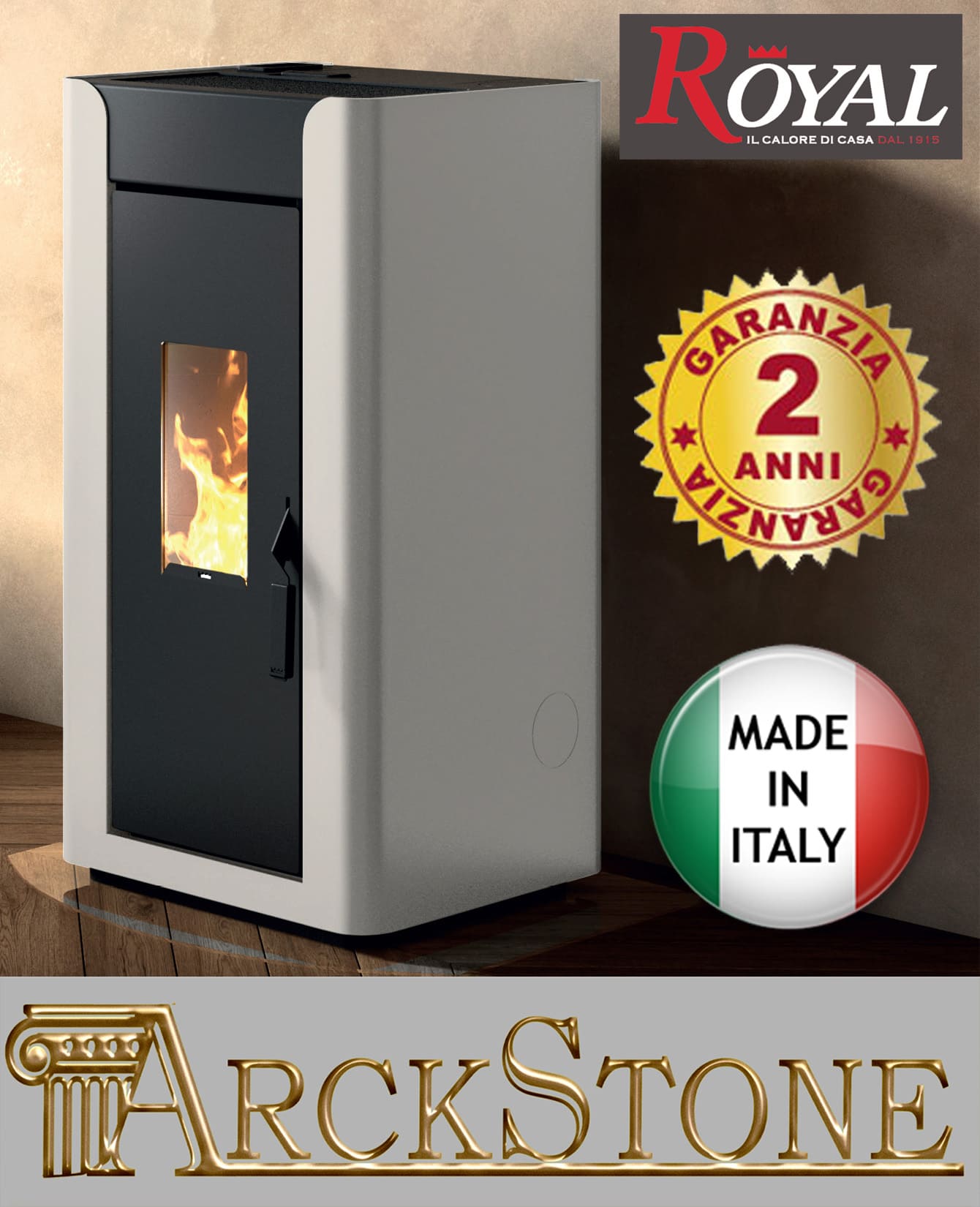 Royal Palazzetti Alida Air 120 Stufa Pellet Aria Ventilata Canalizzata Potenza 11,9 Kw Rivestimento Acciaio Colore Bianco Uscita Fumi Posteriore Maniglia Antiscottatura Canalizza Aria Comburente Esterno Display Sfioro Programma Orario Cassetto Braciere