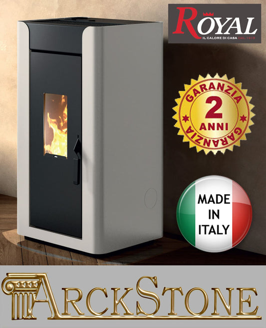 Royal Palazzetti Alida Air 120 Stufa Pellet Aria Ventilata Canalizzata Potenza 11,9 Kw Rivestimento Acciaio Colore Bianco Uscita Fumi Posteriore Maniglia Antiscottatura Canalizza Aria Comburente Esterno Display Sfioro Programma Orario Cassetto Braciere