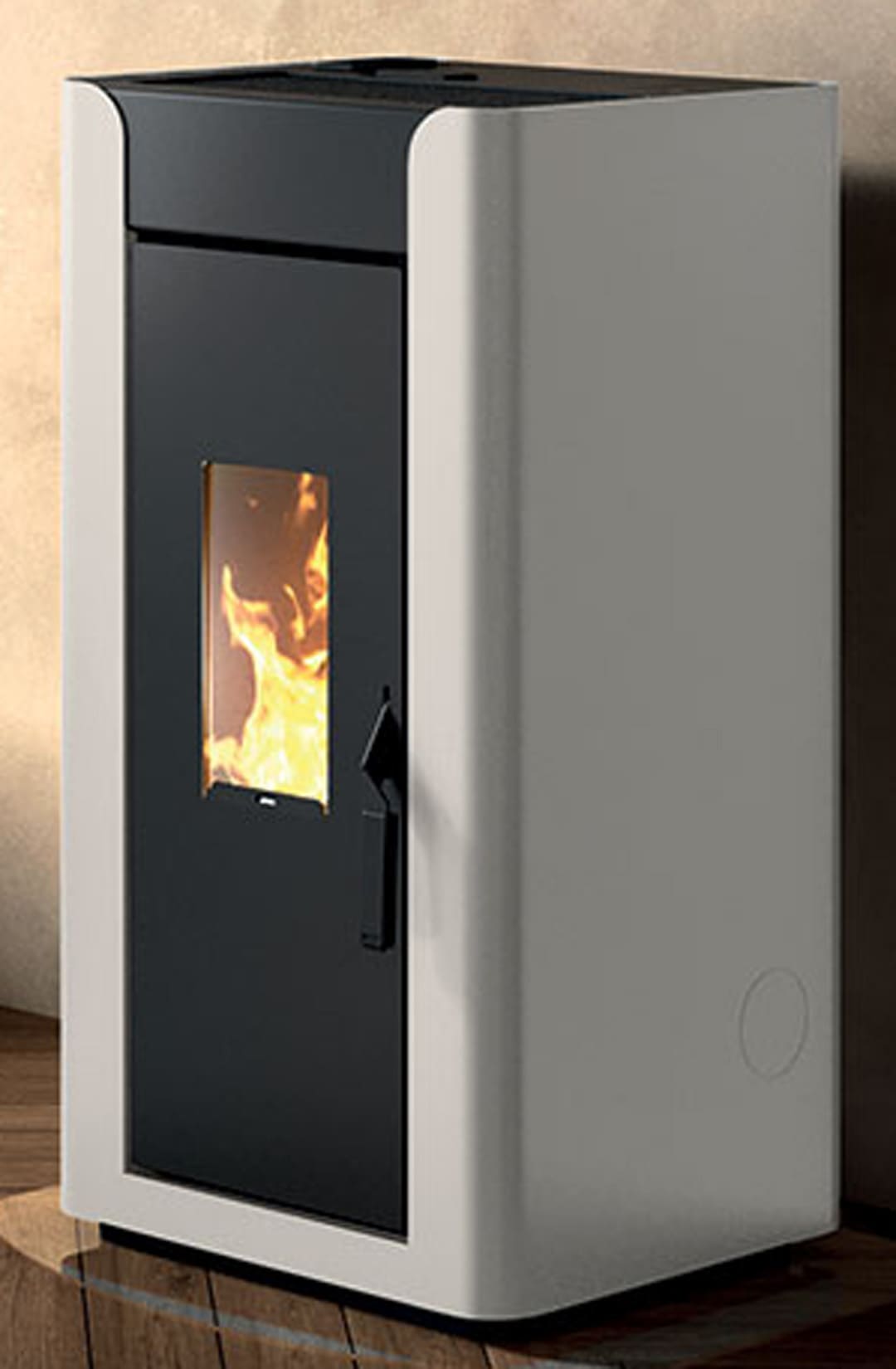 Royal Palazzetti Alida Air 120 Stufa Pellet Aria Ventilata Canalizzata Potenza 11,9 Kw Rivestimento Acciaio Colore Bianco Uscita Fumi Posteriore Maniglia Antiscottatura Canalizza Aria Comburente Esterno Display Sfioro Programma Orario Cassetto Braciere