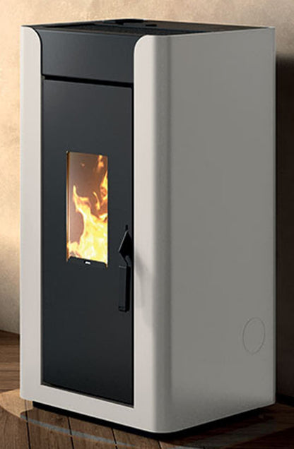 Royal Palazzetti Alida Air 120 Stufa Pellet Aria Ventilata Canalizzata Potenza 11,9 Kw Rivestimento Acciaio Colore Bianco Uscita Fumi Posteriore Maniglia Antiscottatura Canalizza Aria Comburente Esterno Display Sfioro Programma Orario Cassetto Braciere
