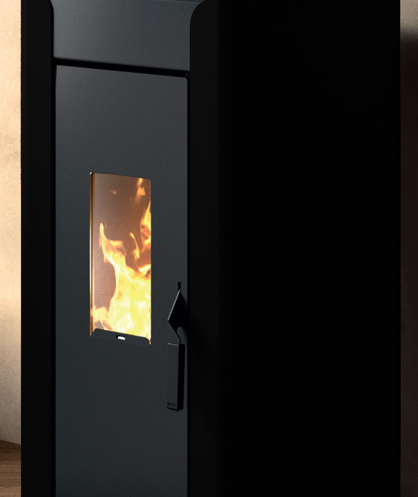 Royal Palazzetti Alida Air 120 Stufa Pellet Aria Ventilata Canalizzata Potenza 11,9 Kw Rivestimento Acciaio Colore Nero Uscita Fumi Posteriore Maniglia Antiscottatura Canalizza Aria Comburente Esterno Display Sfioro Programma Orario Cassetto Braciere