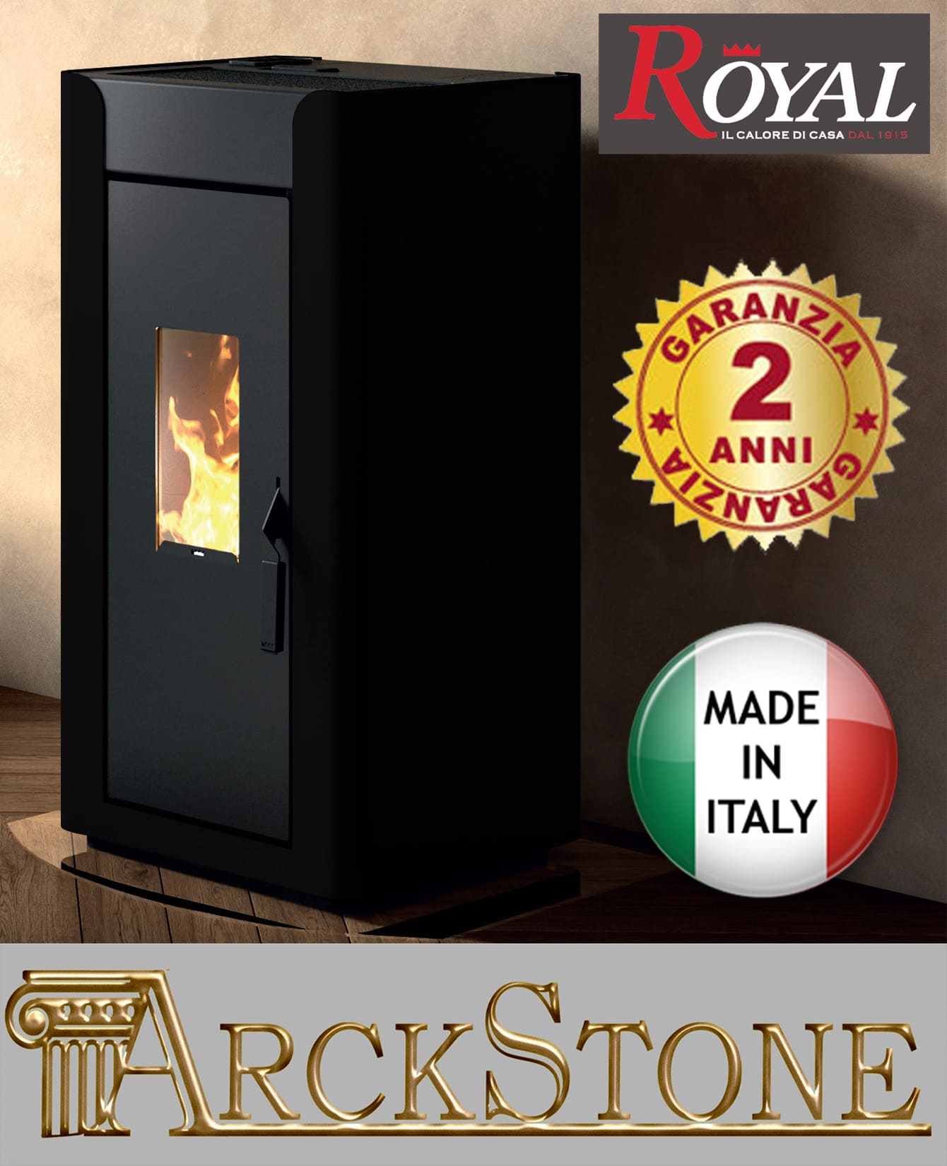 Royal Palazzetti Alida Air 120 Stufa Pellet Aria Ventilata Canalizzata Potenza 11,9 Kw Rivestimento Acciaio Colore Nero Uscita Fumi Posteriore Maniglia Antiscottatura Canalizza Aria Comburente Esterno Display Sfioro Programma Orario Cassetto Braciere