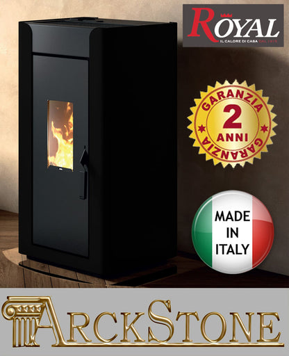 Royal Palazzetti Alida Air 120 Stufa Pellet Aria Ventilata Canalizzata Potenza 11,9 Kw Rivestimento Acciaio Colore Nero Uscita Fumi Posteriore Maniglia Antiscottatura Canalizza Aria Comburente Esterno Display Sfioro Programma Orario Cassetto Braciere