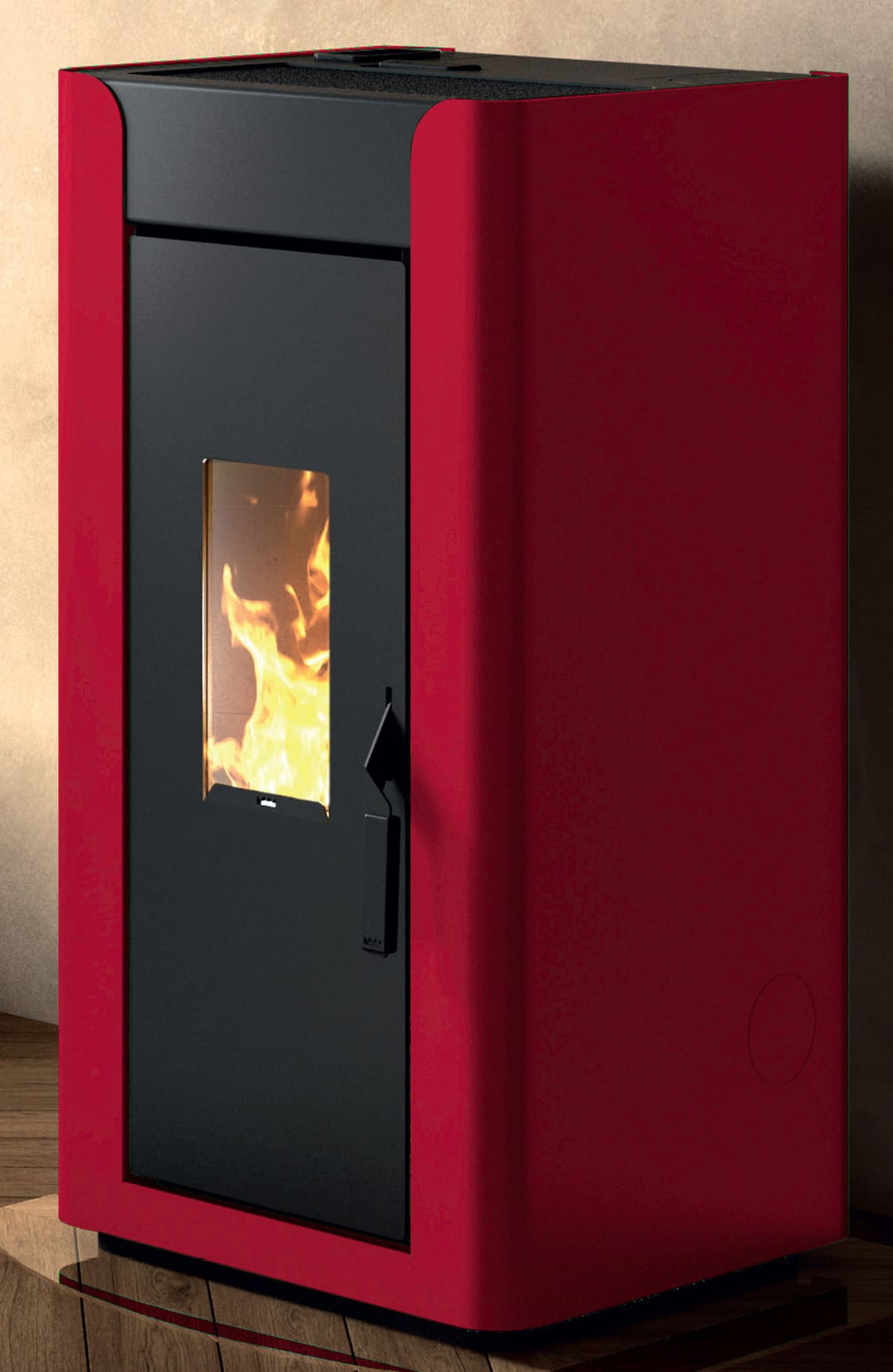 Royal Palazzetti Alida Air 120 Stufa Pellet Aria Ventilata Canalizzata Potenza 11,9 Kw Rivestimento Acciaio Colore Rosso Uscita Fumi Posteriore Maniglia Antiscottatura Canalizza Aria Comburente Esterno Display Sfioro Programma Orario Cassetto Braciere