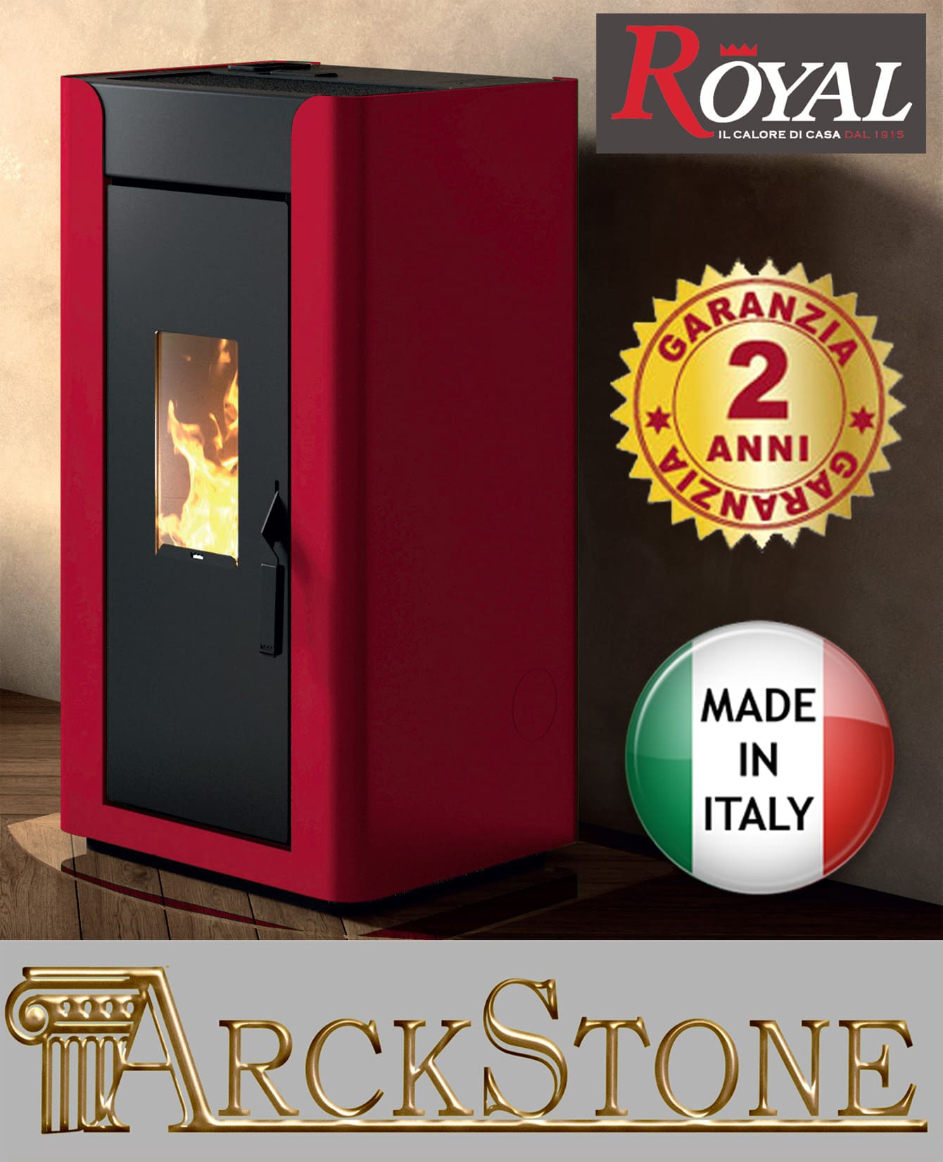 Royal Palazzetti Alida Air 120 Stufa Pellet Aria Ventilata Canalizzata Potenza 11,9 Kw Rivestimento Acciaio Colore Rosso Uscita Fumi Posteriore Maniglia Antiscottatura Canalizza Aria Comburente Esterno Display Sfioro Programma Orario Cassetto Braciere