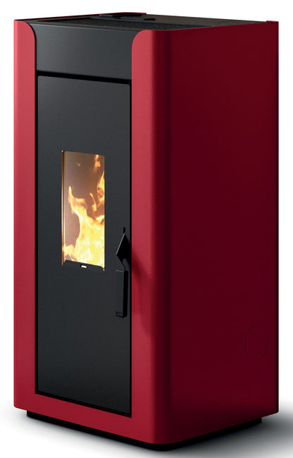 Royal Palazzetti Alida Air 120 Stufa Pellet Aria Ventilata Canalizzata Potenza 11,9 Kw Rivestimento Acciaio Colore Rosso Uscita Fumi Posteriore Maniglia Antiscottatura Canalizza Aria Comburente Esterno Display Sfioro Programma Orario Cassetto Braciere