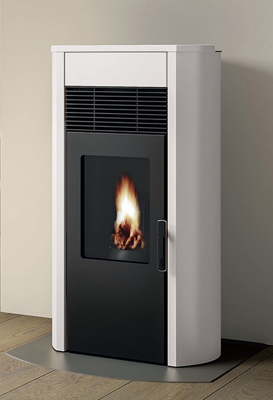Royal Palazzetti Roberta E Air 80 Rivestimento Acciaio Top Ceramica Colore Bianco Potenza 8,6 Kw Stufa Pellet Ermetica Aria Calda Ventilata Uscita Fumi Posteriore Canalizza Aria Comburente Esterno Display Sfioro Programma Fasce Orarie Cassetto Braciere