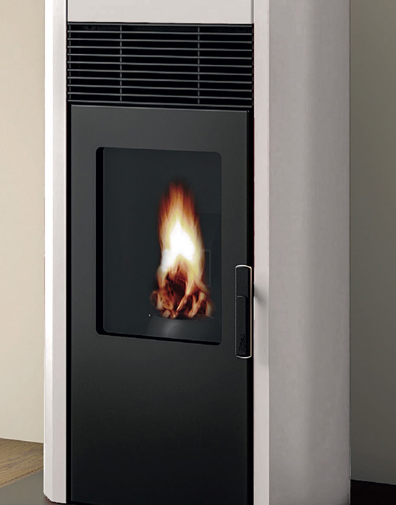 Royal Palazzetti Roberta E Air 120 Rivestimento Acciaio Top Ceramica Colore Bianco Potenza 12,1 Kw Stufa Pellet Ermetica Aria Calda Ventilata Uscita Fumi Posteriore Canalizza Aria Comburente Esterno Display Sfioro Programma Fasce Orarie Cassetto Braciere