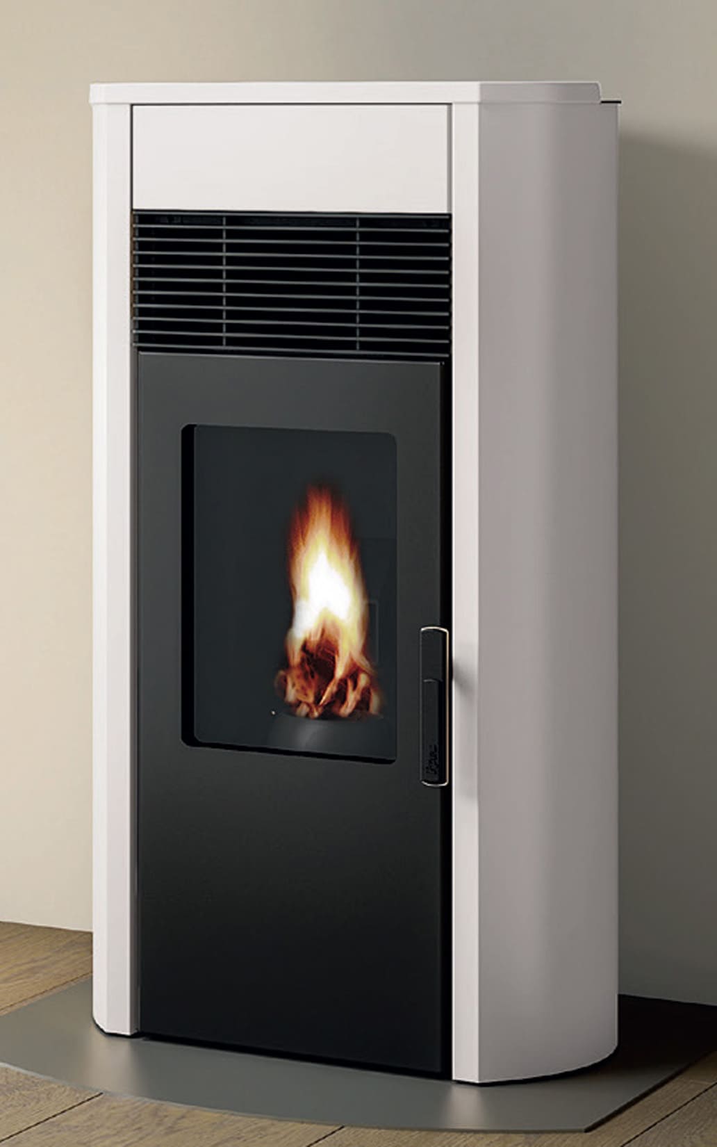 Royal Palazzetti Roberta E Air 120 Rivestimento Acciaio Top Ceramica Colore Bianco Potenza 12,1 Kw Stufa Pellet Ermetica Aria Calda Ventilata Uscita Fumi Posteriore Canalizza Aria Comburente Esterno Display Sfioro Programma Fasce Orarie Cassetto Braciere