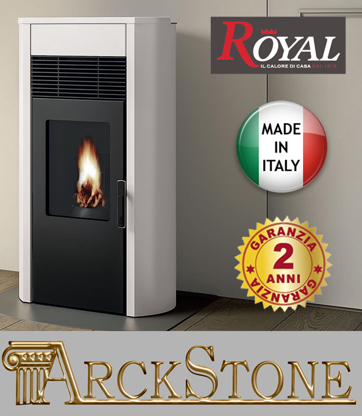 Royal Palazzetti Roberta E Air 120 Rivestimento Acciaio Top Ceramica Colore Bianco Potenza 12,1 Kw Stufa Pellet Ermetica Aria Calda Ventilata Uscita Fumi Posteriore Canalizza Aria Comburente Esterno Display Sfioro Programma Fasce Orarie Cassetto Braciere