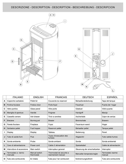Royal Palazzetti Roberta E Air 80 Rivestimento Acciaio Top Ceramica Colore Nero Potenza 8,6 Kw Stufa Pellet Ermetica Aria Calda Ventilata Uscita Fumi Posteriore Canalizza Aria Comburente Esterno Display Sfioro Programma Fasce Orarie Cassetto Braciere
