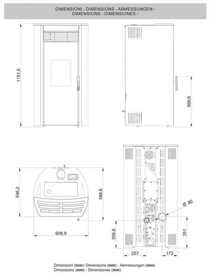 Royal Palazzetti Roberta E Air 120 Rivestimento Acciaio Top Ceramica Colore Bianco Potenza 12,1 Kw Stufa Pellet Ermetica Aria Calda Ventilata Uscita Fumi Posteriore Canalizza Aria Comburente Esterno Display Sfioro Programma Fasce Orarie Cassetto Braciere