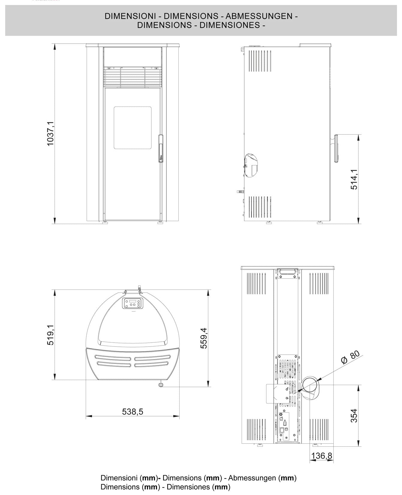 Royal Palazzetti Roberta E Air 80 Rivestimento Acciaio Top Ceramica Colore Nero Potenza 8,6 Kw Stufa Pellet Ermetica Aria Calda Ventilata Uscita Fumi Posteriore Canalizza Aria Comburente Esterno Display Sfioro Programma Fasce Orarie Cassetto Braciere