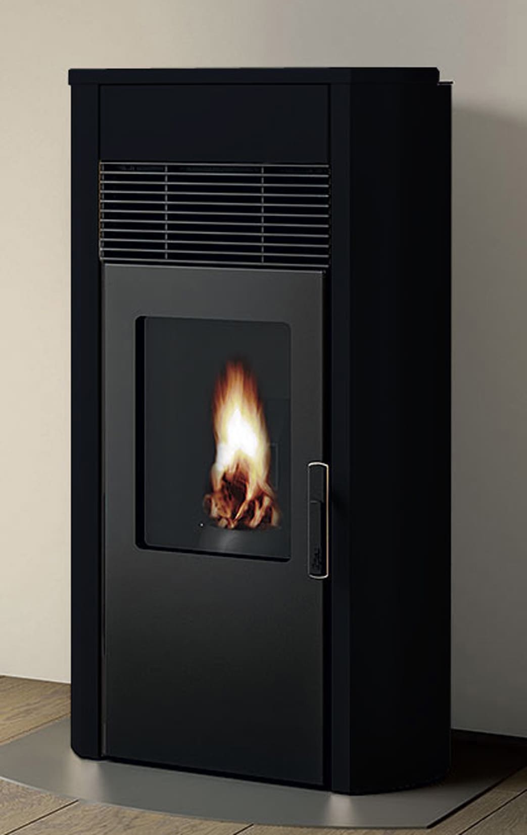 Royal Palazzetti Roberta E Air 120 Rivestimento Acciaio Top Ceramica Colore Nero Potenza 12,1 Kw Stufa Pellet Ermetica Aria Calda Ventilata Uscita Fumi Posteriore Canalizza Aria Comburente Esterno Display Sfioro Programma Fasce Orarie Cassetto Braciere