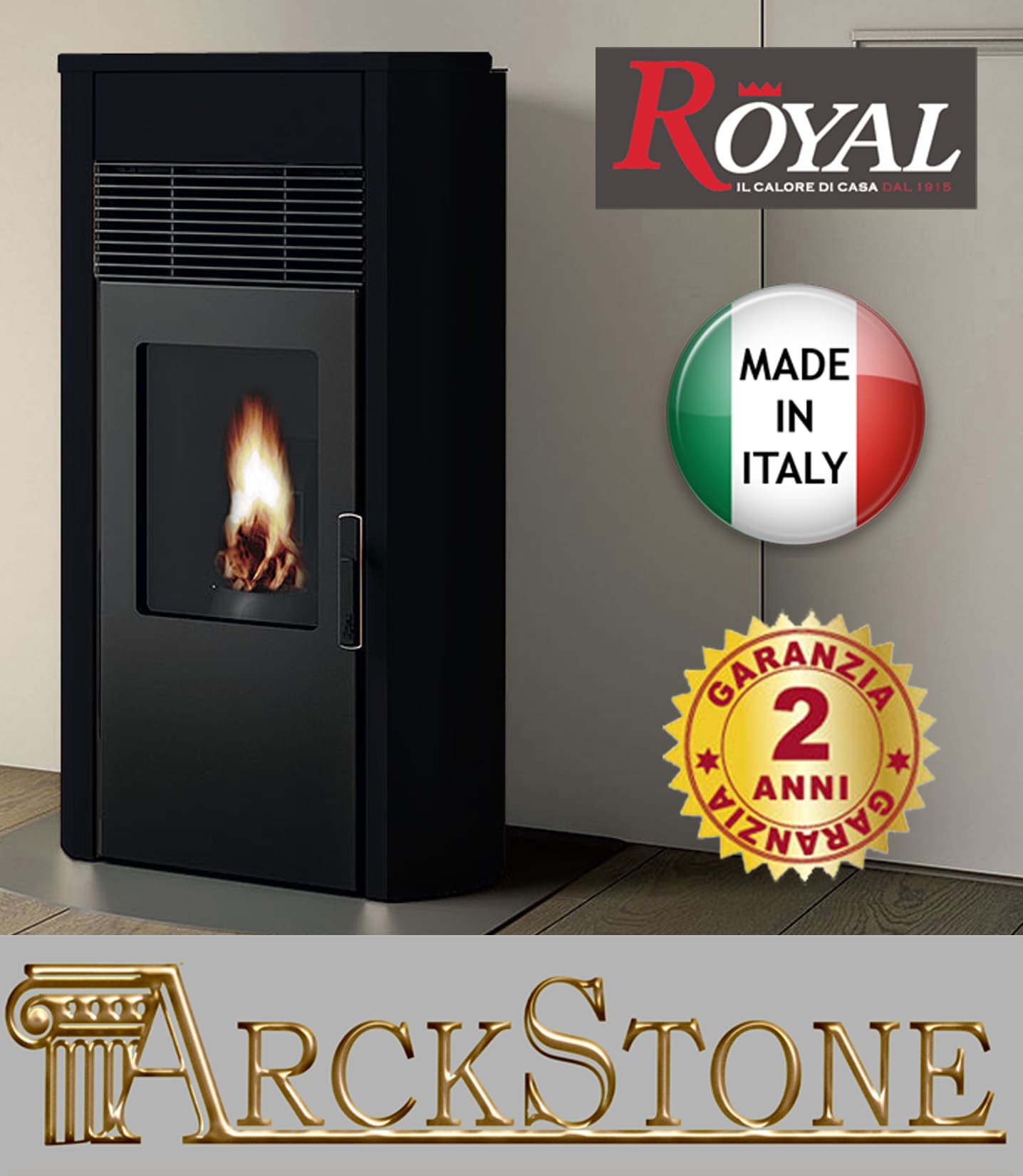 Royal Palazzetti Roberta E Air 120 Rivestimento Acciaio Top Ceramica Colore Nero Potenza 12,1 Kw Stufa Pellet Ermetica Aria Calda Ventilata Uscita Fumi Posteriore Canalizza Aria Comburente Esterno Display Sfioro Programma Fasce Orarie Cassetto Braciere