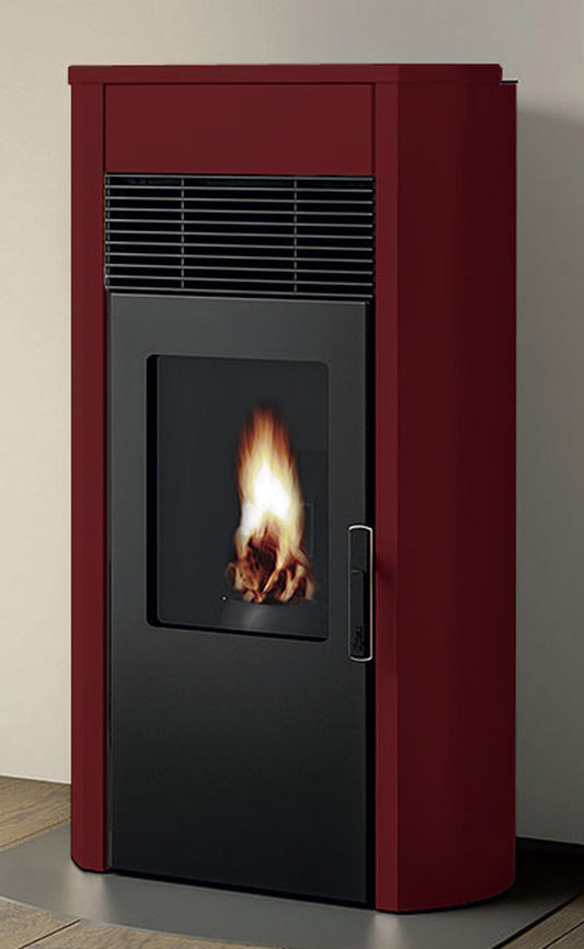 Royal Palazzetti Roberta E Air 120 Rivestimento Acciaio Top Ceramica Colore Rosso Bordeaux Potenza 12,1Kw Stufa Pellet Ermetica Aria Ventilata Uscita Fumi Posteriore Canalizza Aria Comburente Esterno Display Sfioro Programma Fasce Orarie Cassetto Braciere