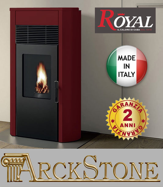 Royal Palazzetti Roberta E Air 80 Rivestimento Acciaio Top Ceramica Colore Rosso Bordeaux Potenza 8,6 Kw Stufa Pellet Ermetica Aria Ventilata Uscita Fumi Posteriore Canalizza Aria Comburente Esterno Display Sfioro Programma Fasce Orarie Cassetto Braciere