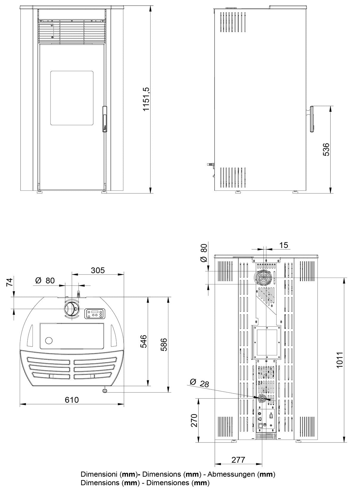 Royal Roberta Air 120 Us Stufa Pellet Aria Calda Ventilata Regolabile 12,3 Kw Acciaio Bianco Forma Arrotondata Uscita Fumi Superiore Top Ceramica Display Digitale Comandi Sfioro Gestione Fasce Orarie Braciere Cassetto Pulizia Manutenzione Semplificata