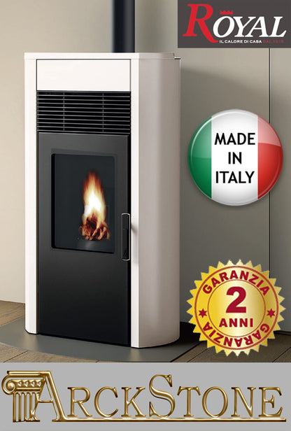 Royal Palazzetti Roberta Air 60 Us Rivestimento Acciaio Top Ceramica Colore Bianco Potenza 6 Kw Stufa Pellet Aria Ventilata Fianchi Arrotondati Uscita Fumi Superiore Canalizza Aria Comburente Esterno Display Sfioro Programma Fasce Orarie Cassetto Braciere