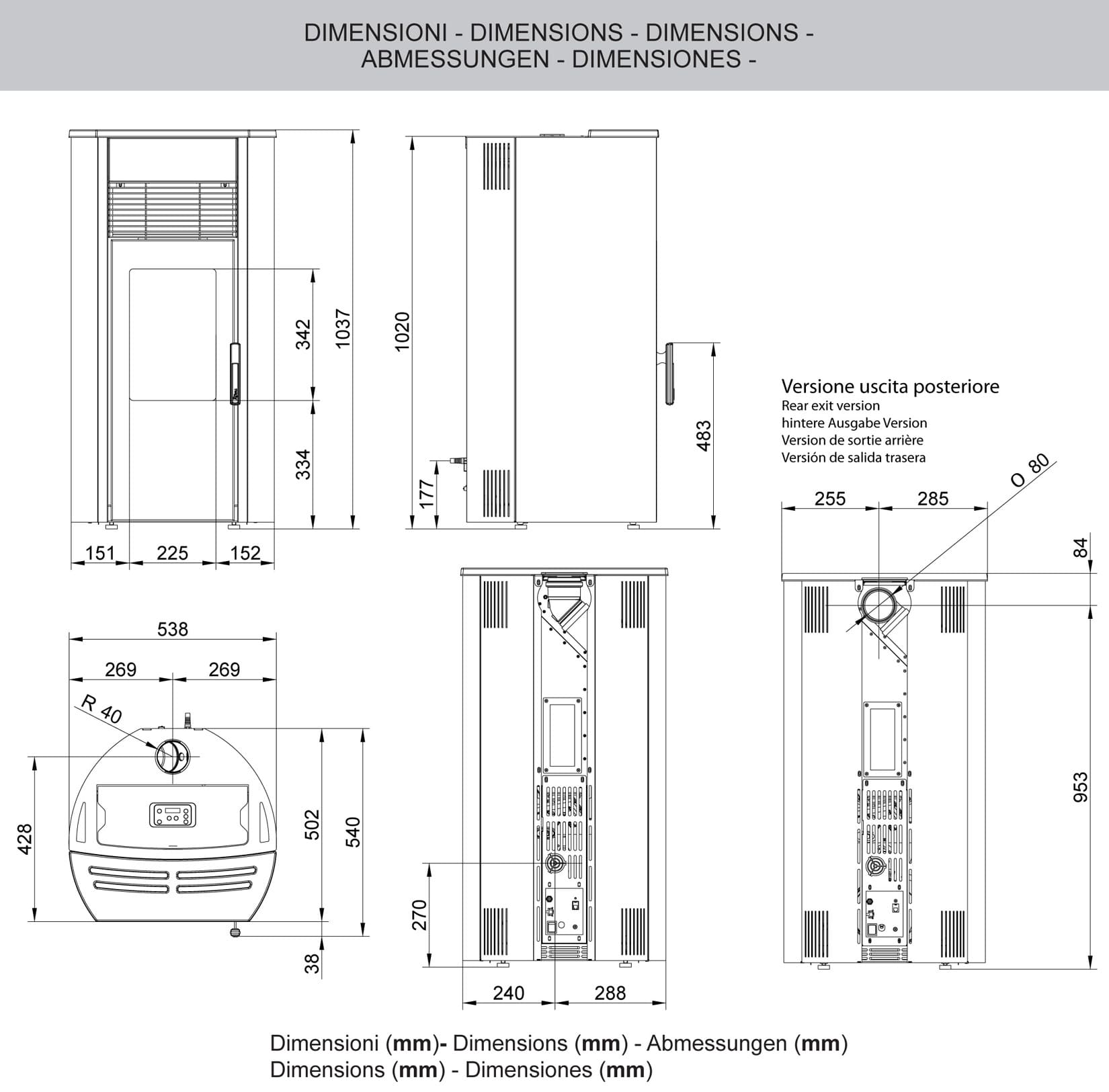Royal Palazzetti Roberta Air 60 Us Rivestimento Acciaio Top Ceramica Colore Bianco Potenza 6 Kw Stufa Pellet Aria Ventilata Fianchi Arrotondati Uscita Fumi Superiore Canalizza Aria Comburente Esterno Display Sfioro Programma Fasce Orarie Cassetto Braciere