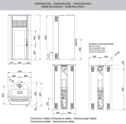 Royal Palazzetti Roberta Air 60 Us Rivestimento Acciaio Top Ceramica Colore Nero Potenza 6 Kw Stufa Pellet Aria Ventilata Fianchi Arrotondati Uscita Fumi Superiore Canalizza Aria Comburente Esterno Display Sfioro Programma Fasce Orarie Cassetto Braciere