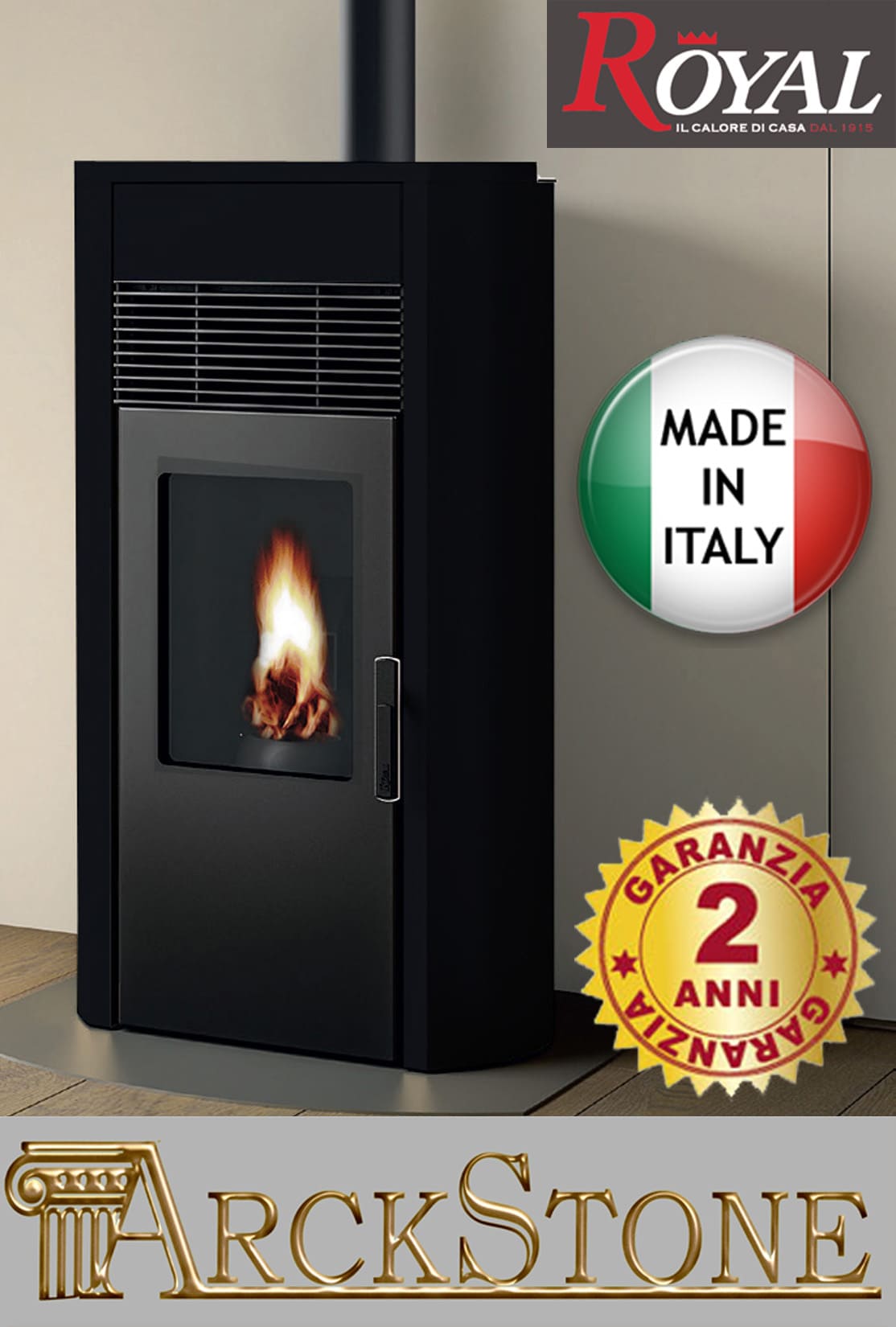 Royal Palazzetti Roberta Air 60 Us Rivestimento Acciaio Top Ceramica Colore Nero Potenza 6 Kw Stufa Pellet Aria Ventilata Fianchi Arrotondati Uscita Fumi Superiore Canalizza Aria Comburente Esterno Display Sfioro Programma Fasce Orarie Cassetto Braciere