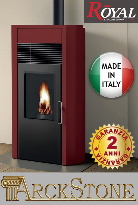 Royal Palazzetti Roberta Air 60 Us Rivestimento Acciaio Top Ceramica Colore Rosso Bordeaux Potenza 6 Kw Stufa Pellet Aria Ventilata Fianchi Arrotondati Uscita Fumi Superiore Canalizza Aria Comburente Esterno Display Sfioro Programma Fasce Orarie Braciere